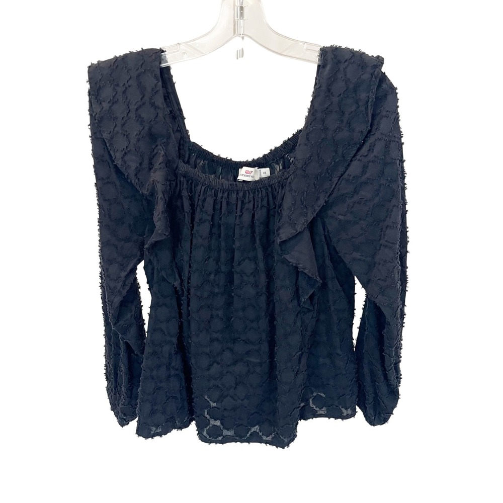 Vineyard Vines Black Textured Ruffle Square Neck Long Sleeve Blouse - Size XS